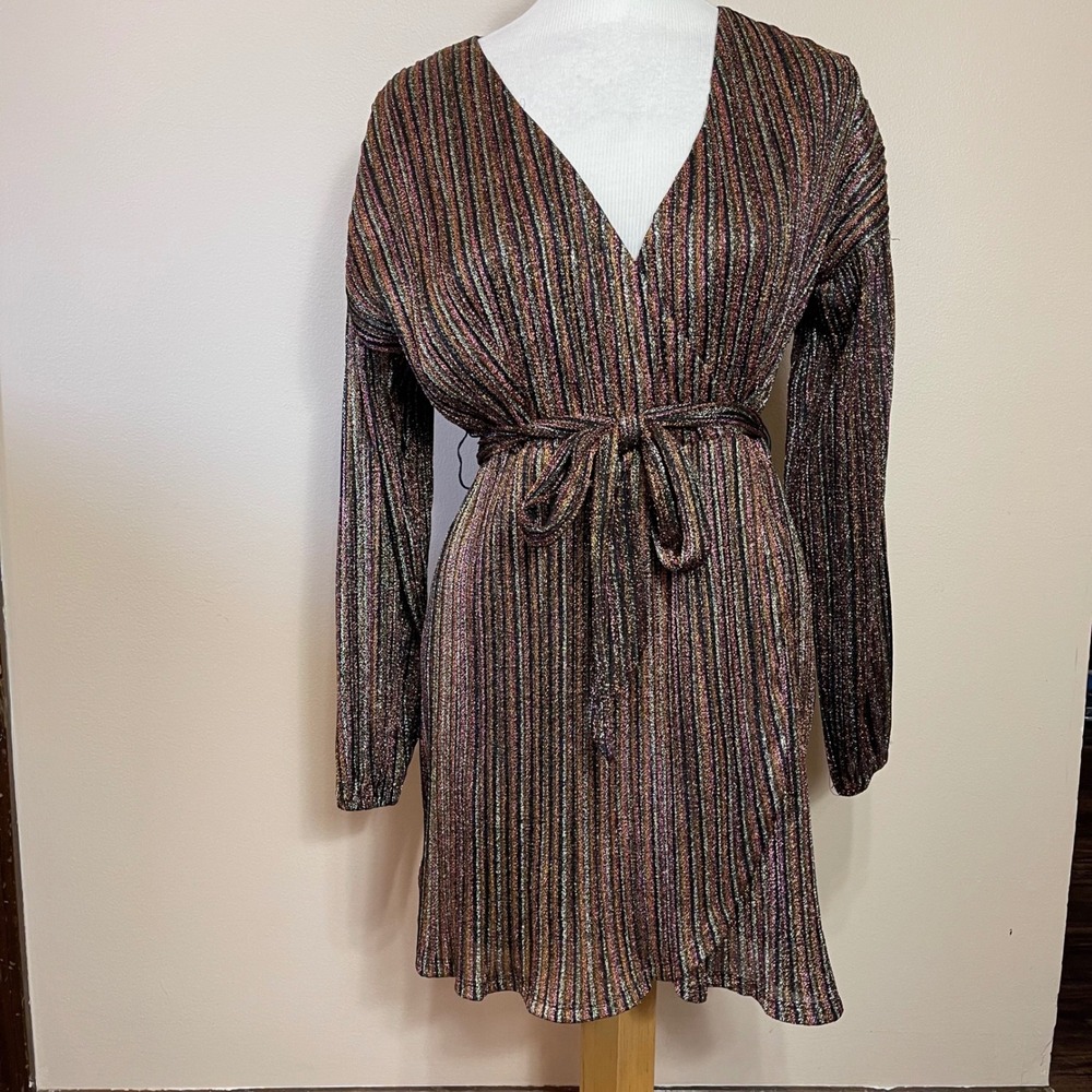 NEW Forever 21 Womens Metallic Striped Wrap Mini Dress Black Multi Medium